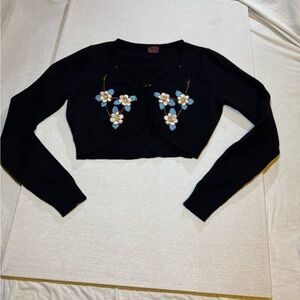 Floral Embroidered Black Cropped Cardigan